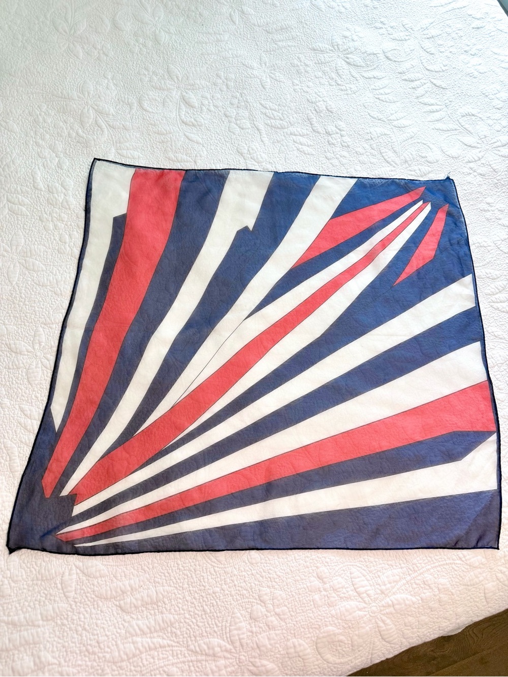 Vintage Red White Blue Geometric Square Scarf Sheer Vera Tone Sunburst Lines
26”